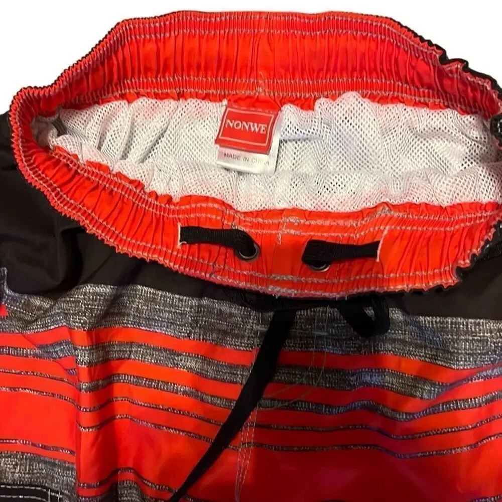 Nonwe Men’s 28 Red and Black Striped Swim Board Shorts